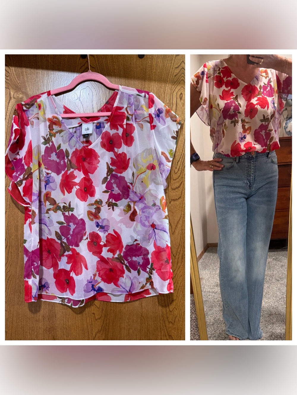 CAbi Floral V-Neck Flutter Sleeve Blouse - White with Red & Pink Blooms